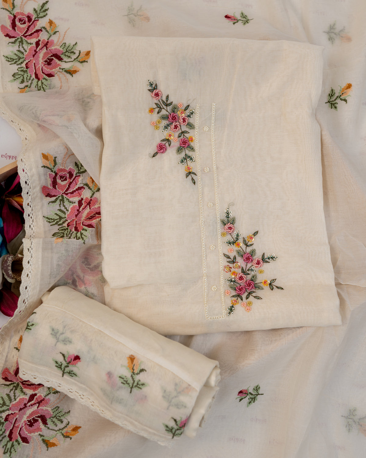 KHUMAAR-Unstitched Mul-Chanderi Suit Set