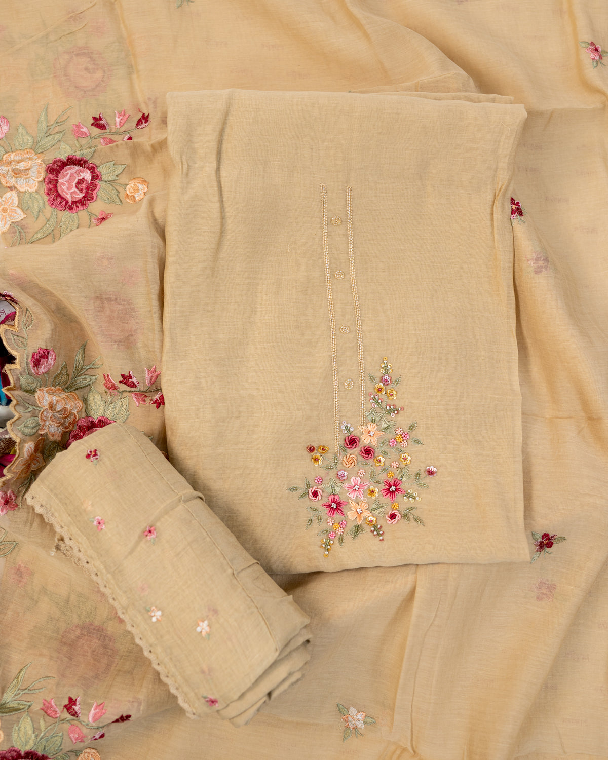TAPISH-Unstitched Mul-Chanderi Suit Set