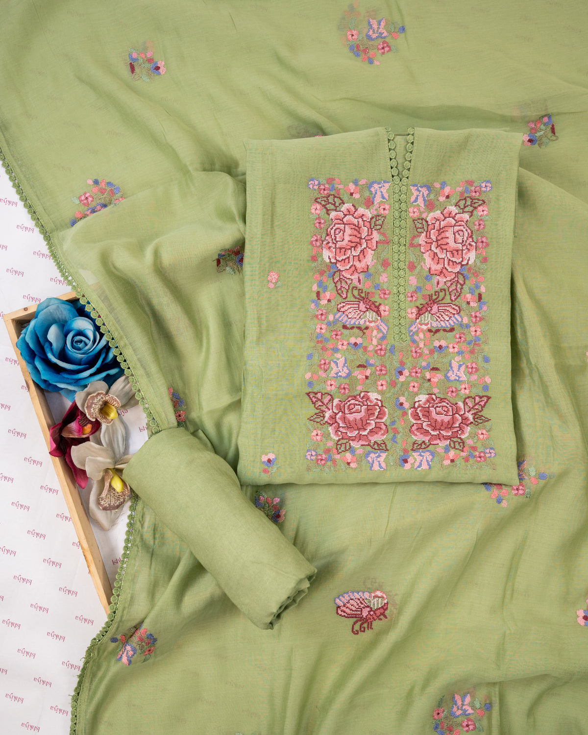 MANZIL-Unstitched Mul-Chanderi Suit Set