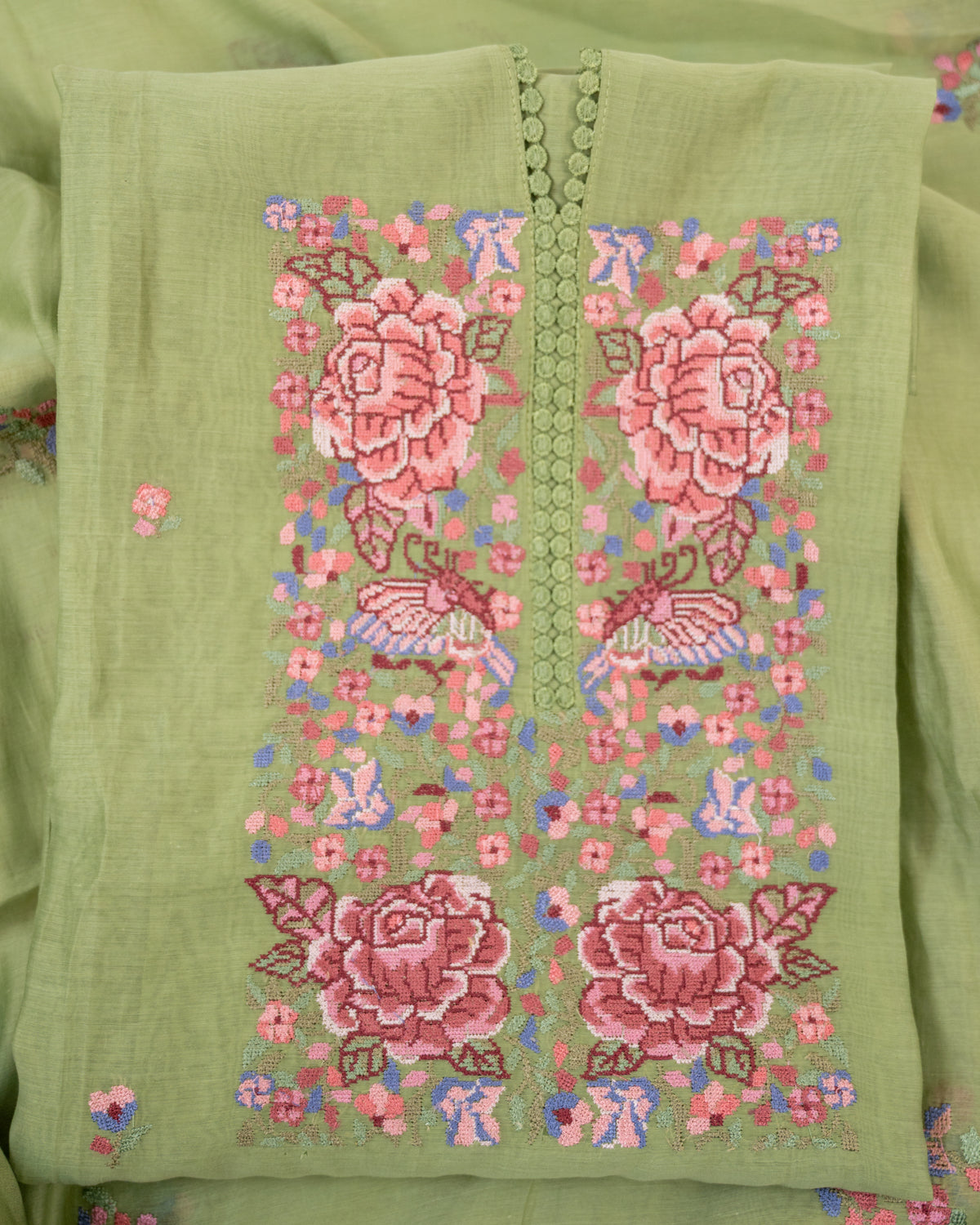 MANZIL-Unstitched Mul-Chanderi Suit Set