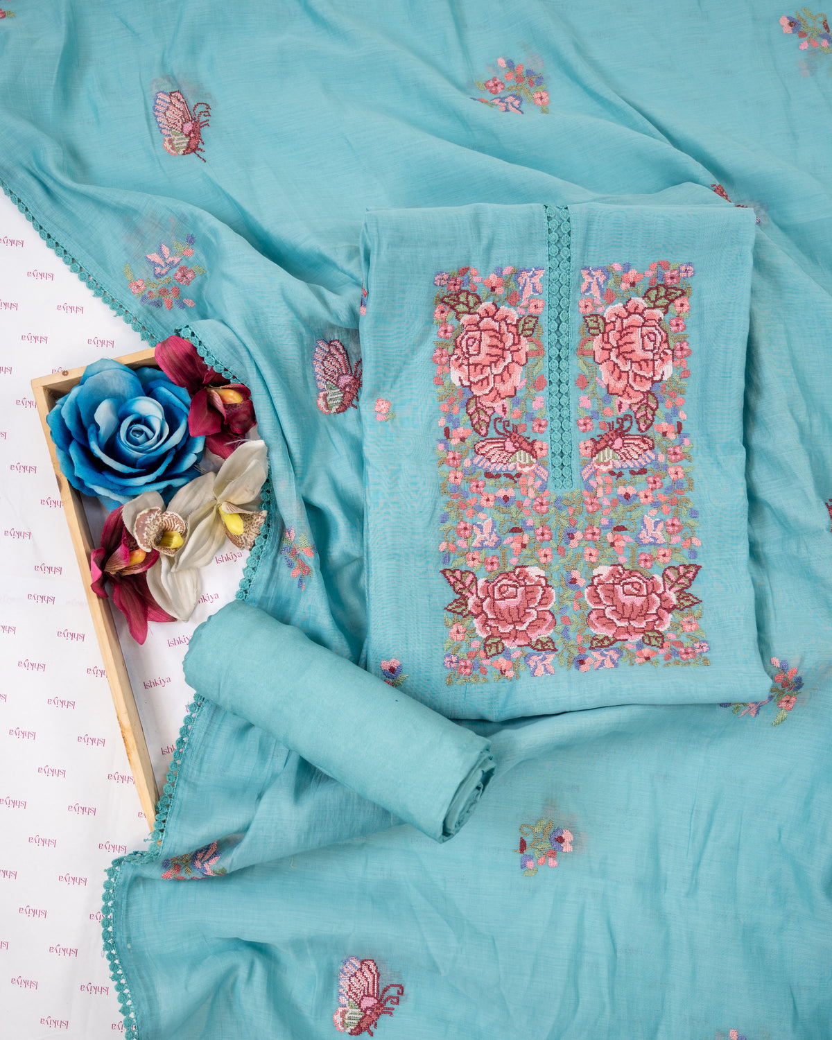 MANZIL-Unstitched Mul-Chanderi Suit Set