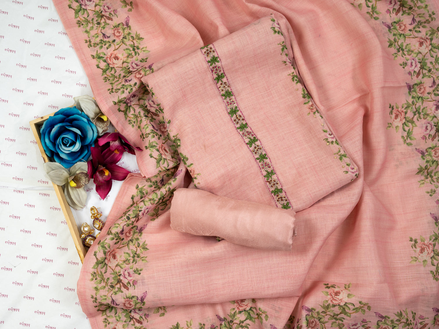 SAHER-Unstitched Linen Tissue Suit Set
