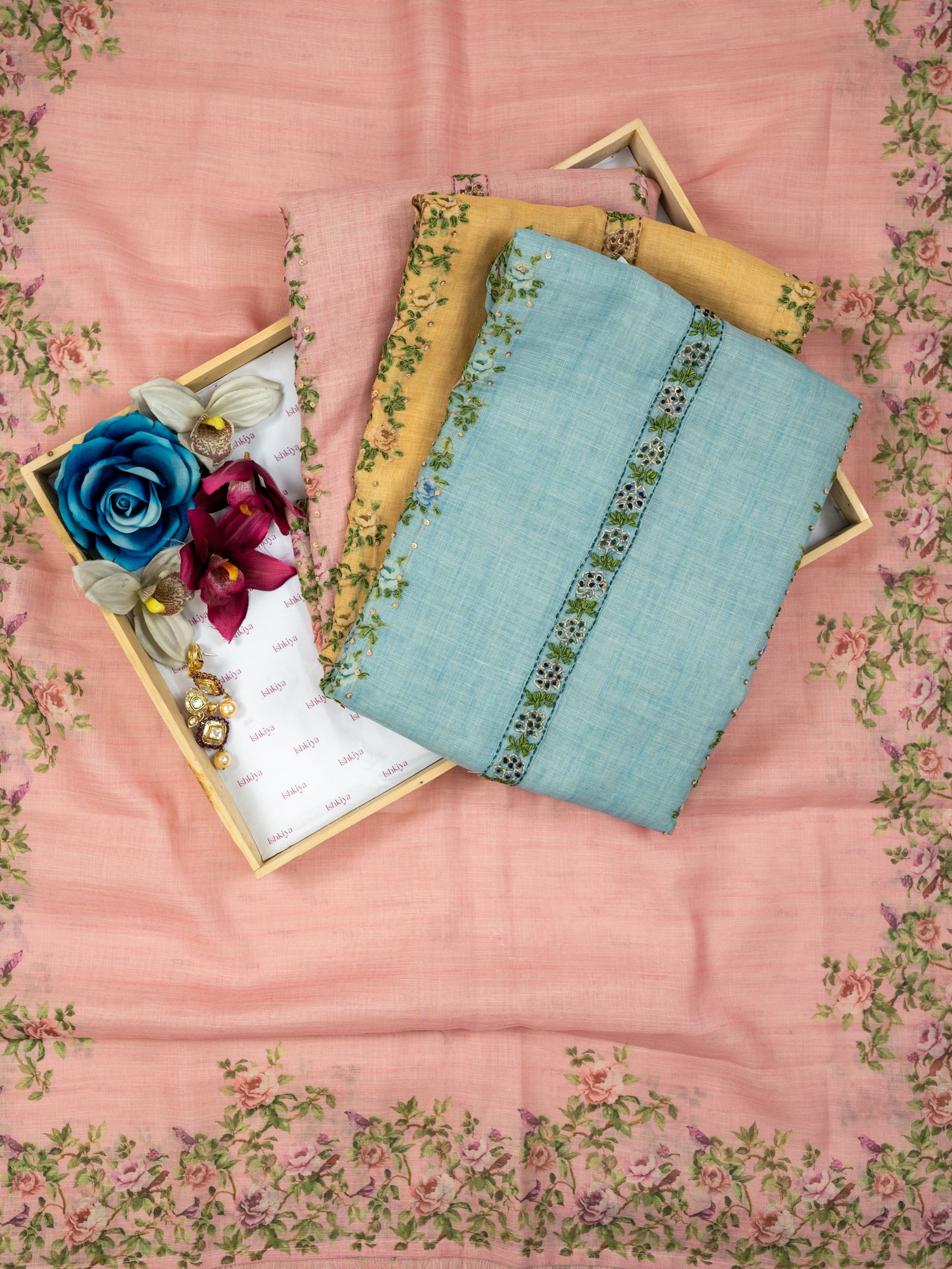 SAHER-Unstitched Linen Tissue Suit Set