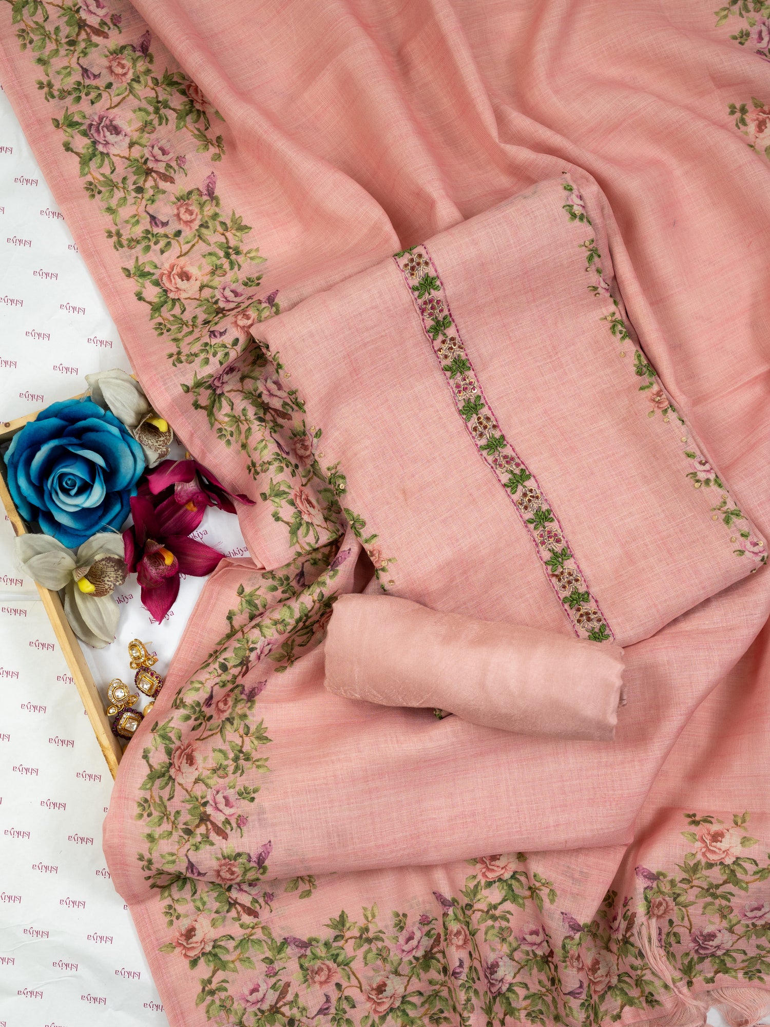 SAHER-Unstitched Linen Tissue Suit Set