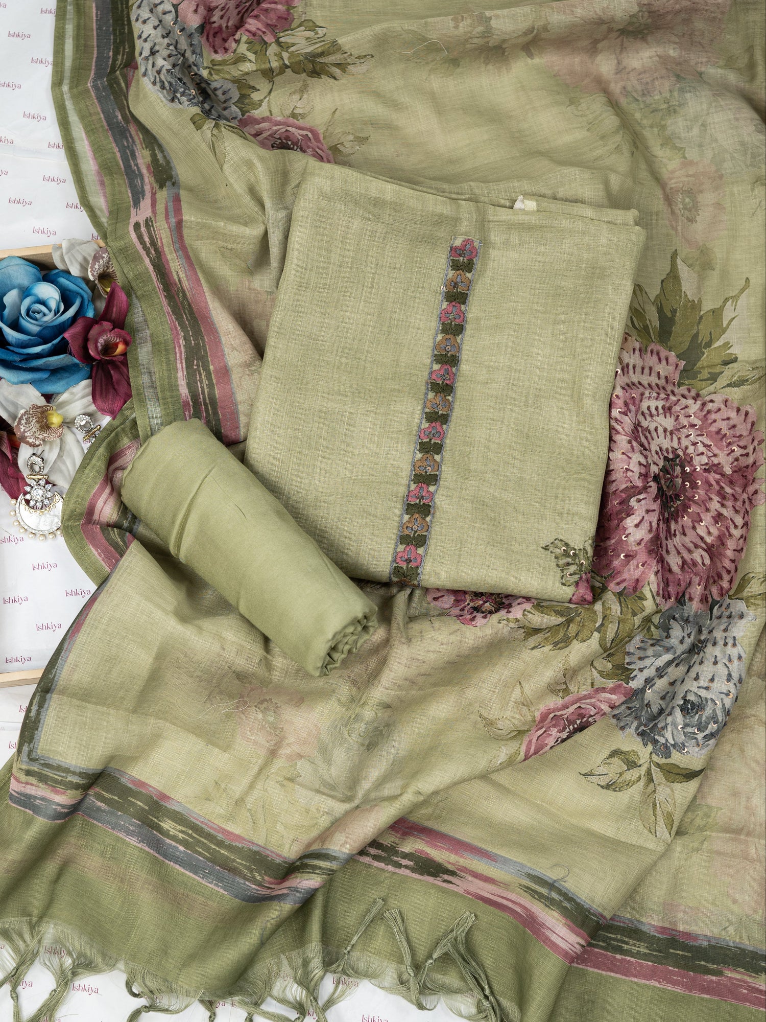 NAQSH-Unstitched Linen Tissue Suit Set