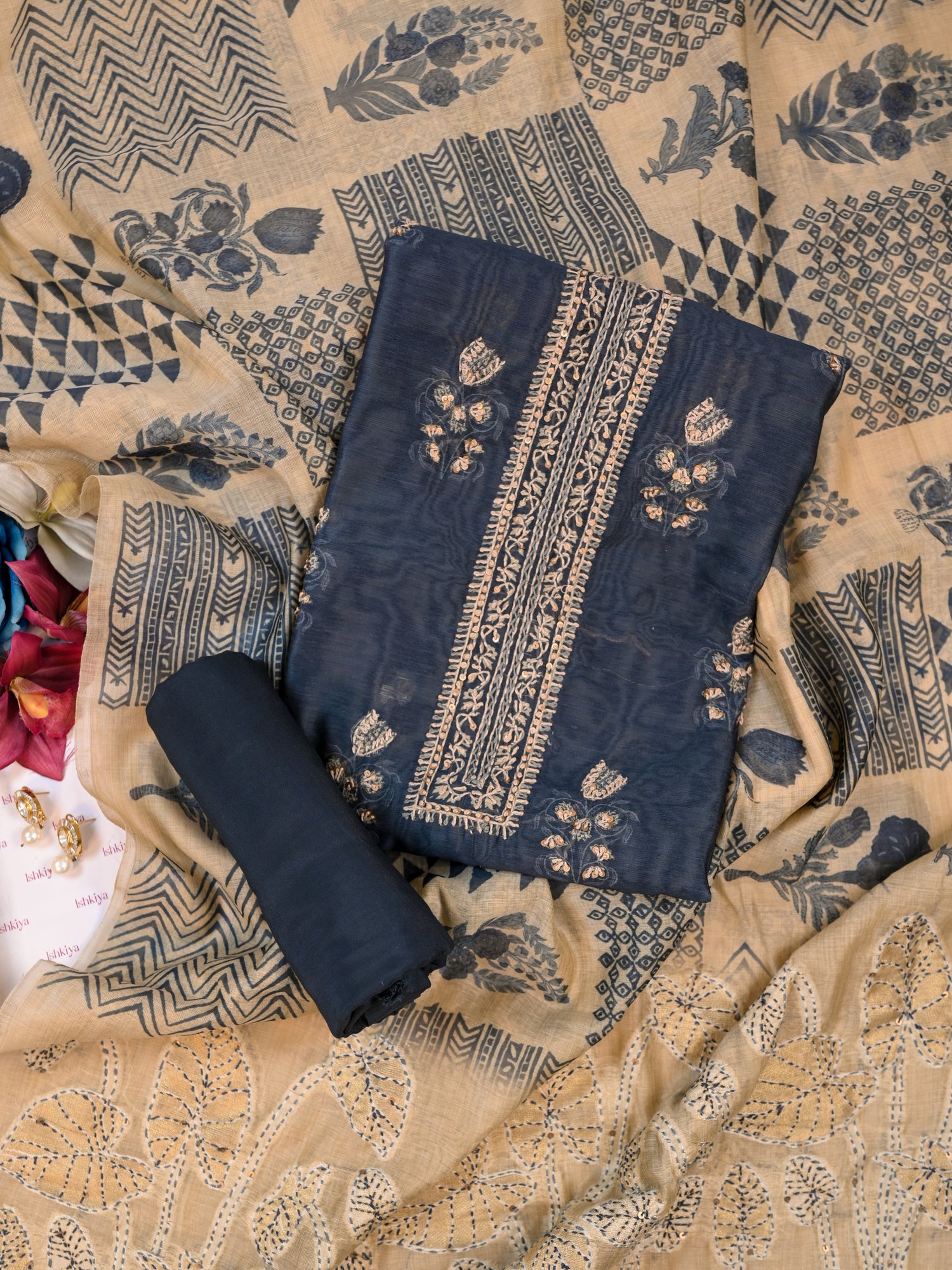 PRERNA-Unstitched Linen Chanderi Suit Set