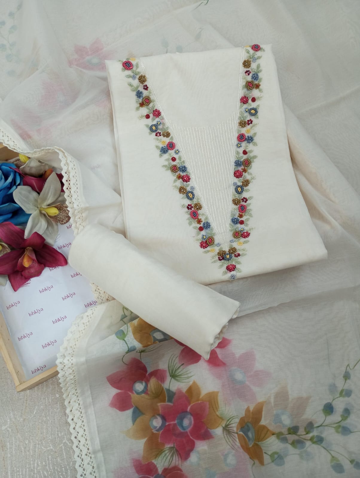 KIRAN-Unstitched Mul-Chanderi Suit Set