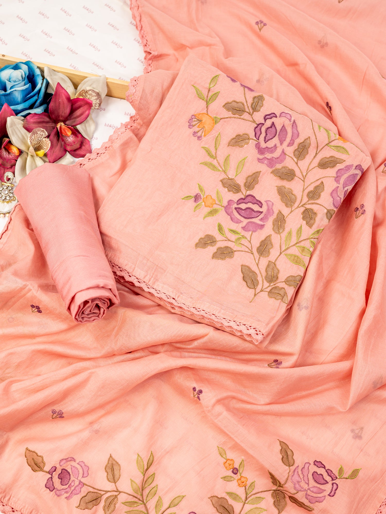 GULAAB-Unstitched Mul-Chanderi Suit Set