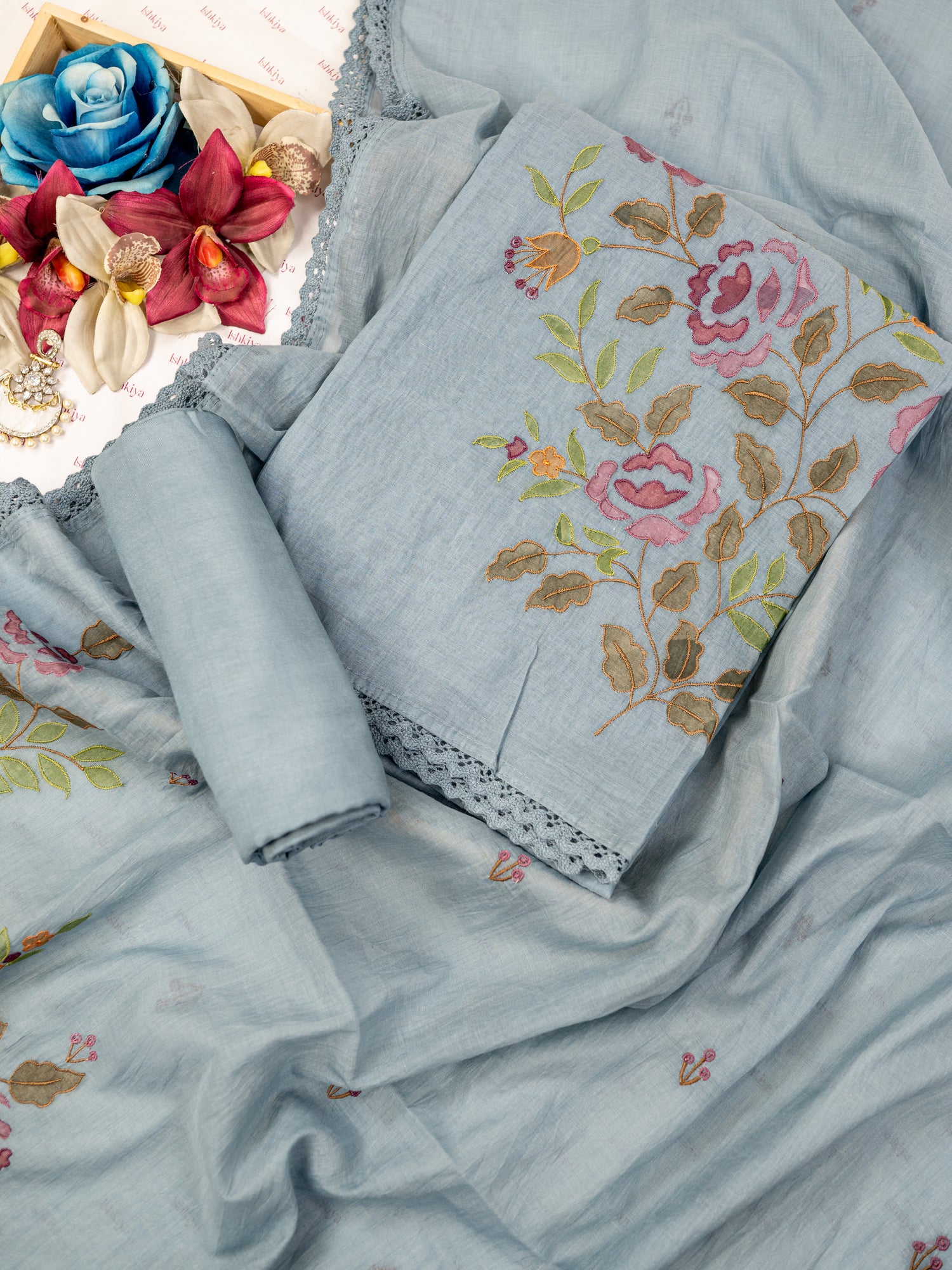 GULAAB-Unstitched Mul-Chanderi Suit Set