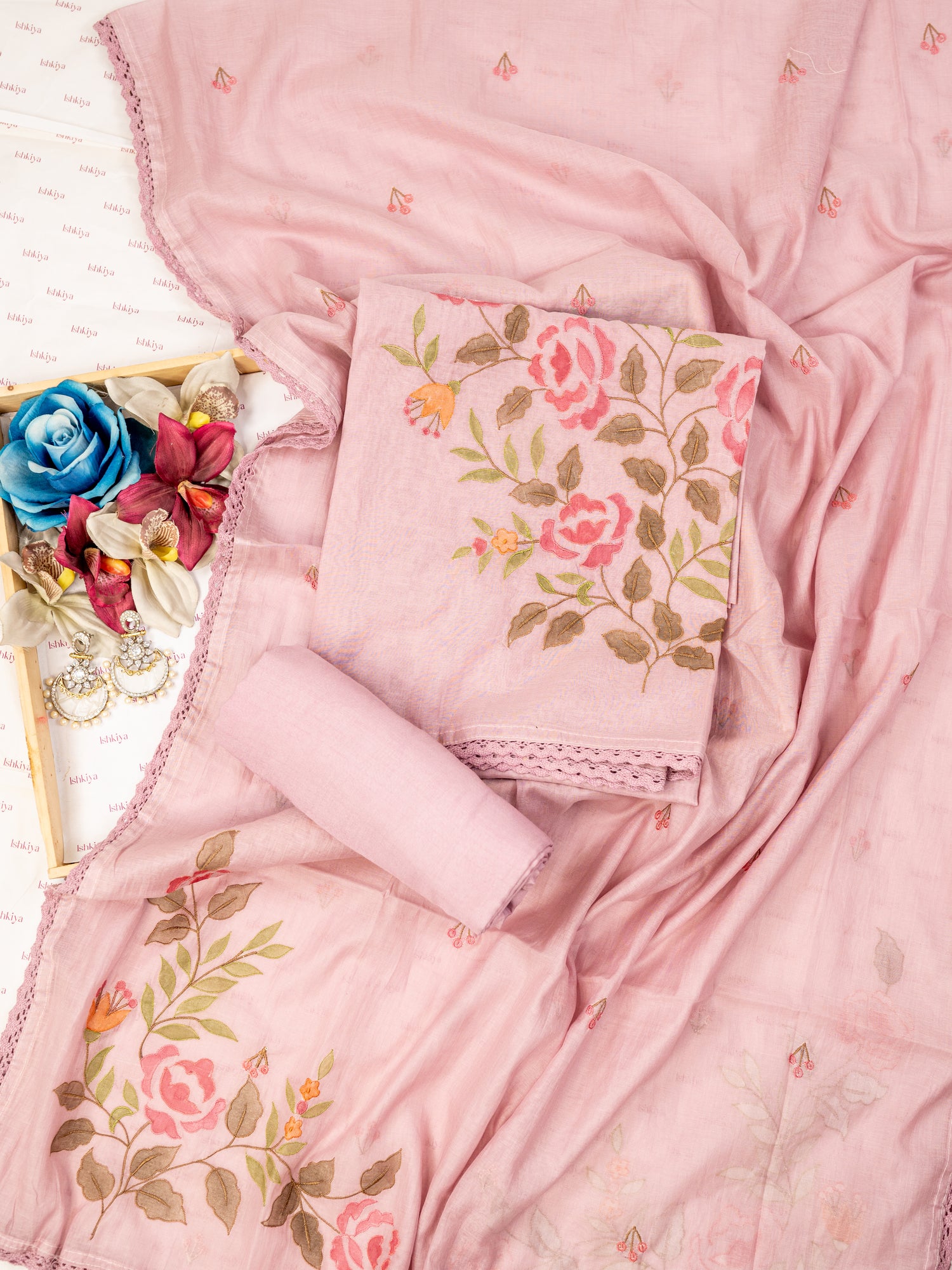 GULAAB-Unstitched Mul-Chanderi Suit Set