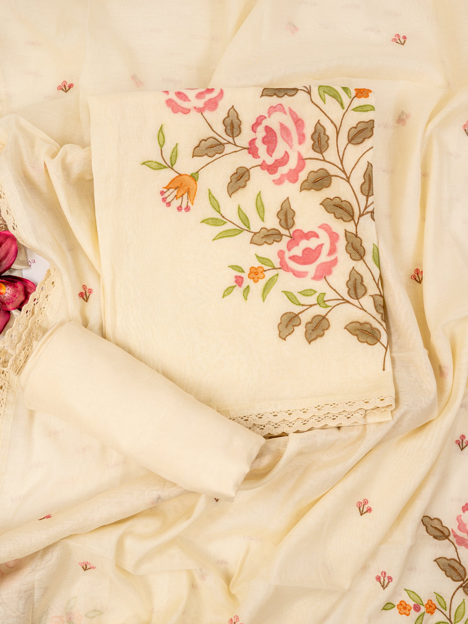 GULAAB-Unstitched Mul-Chanderi Suit Set