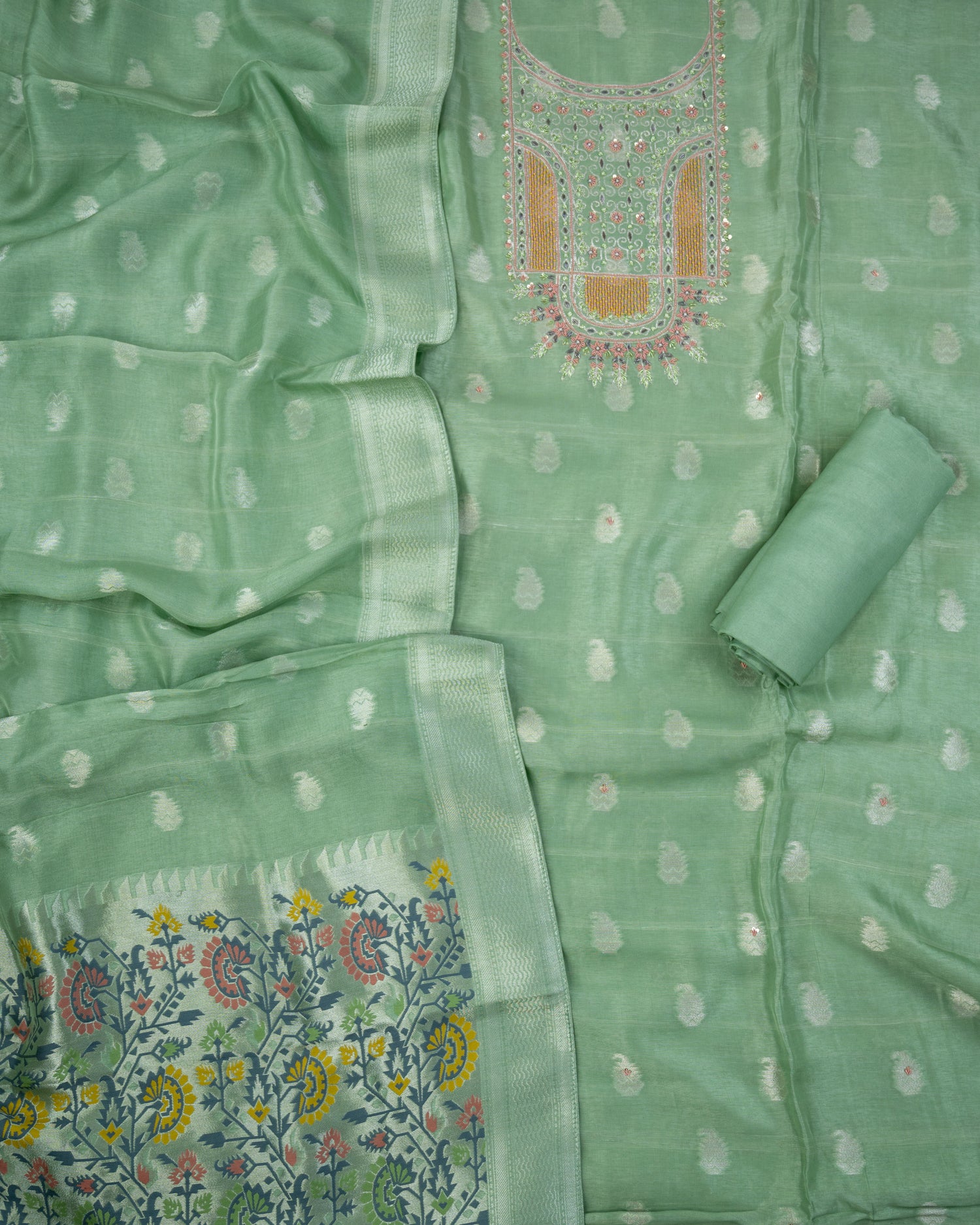 MADHUMALTI-Unstitched Linen Tissue Suit Set
