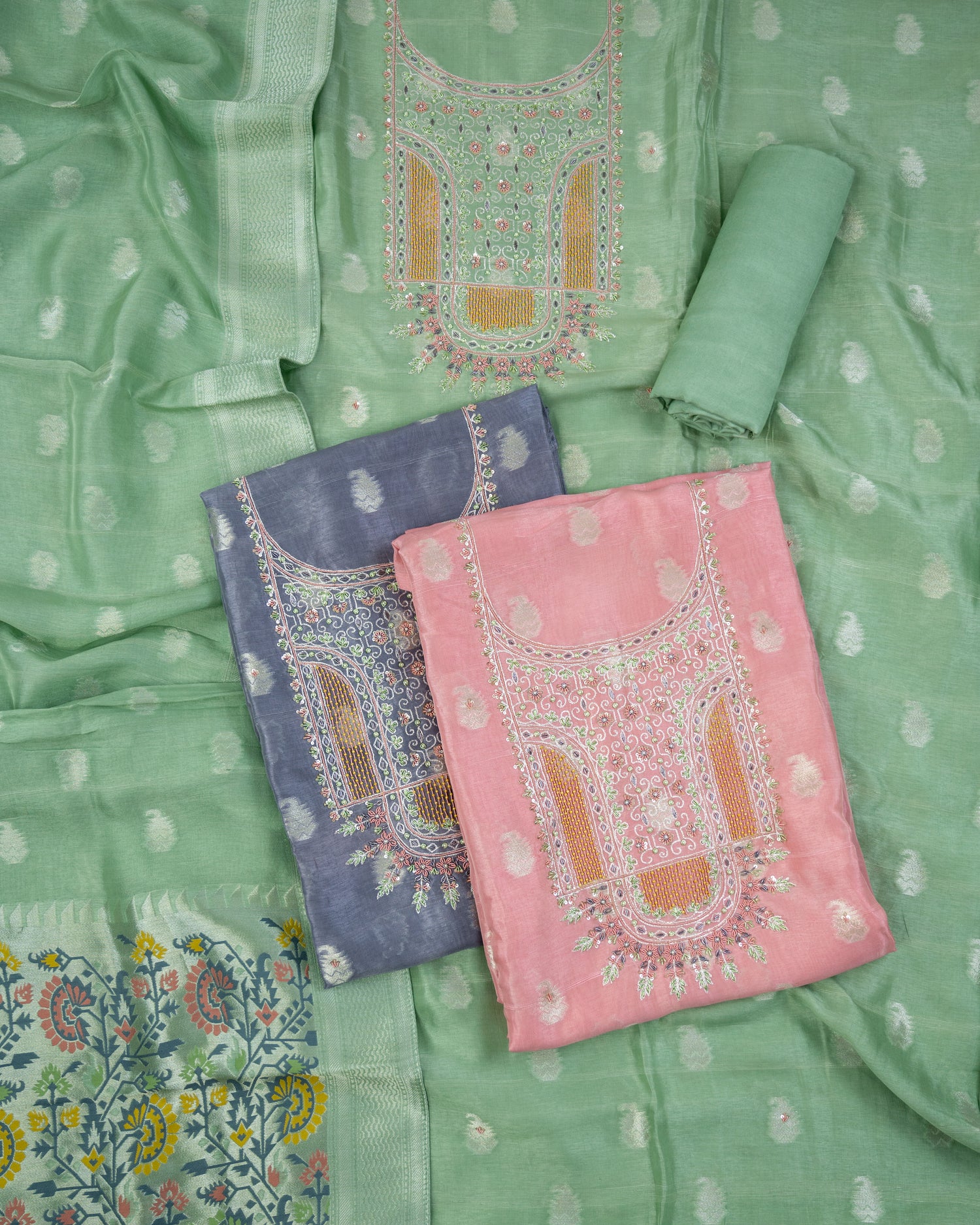 MADHUMALTI-Unstitched Linen Tissue Suit Set