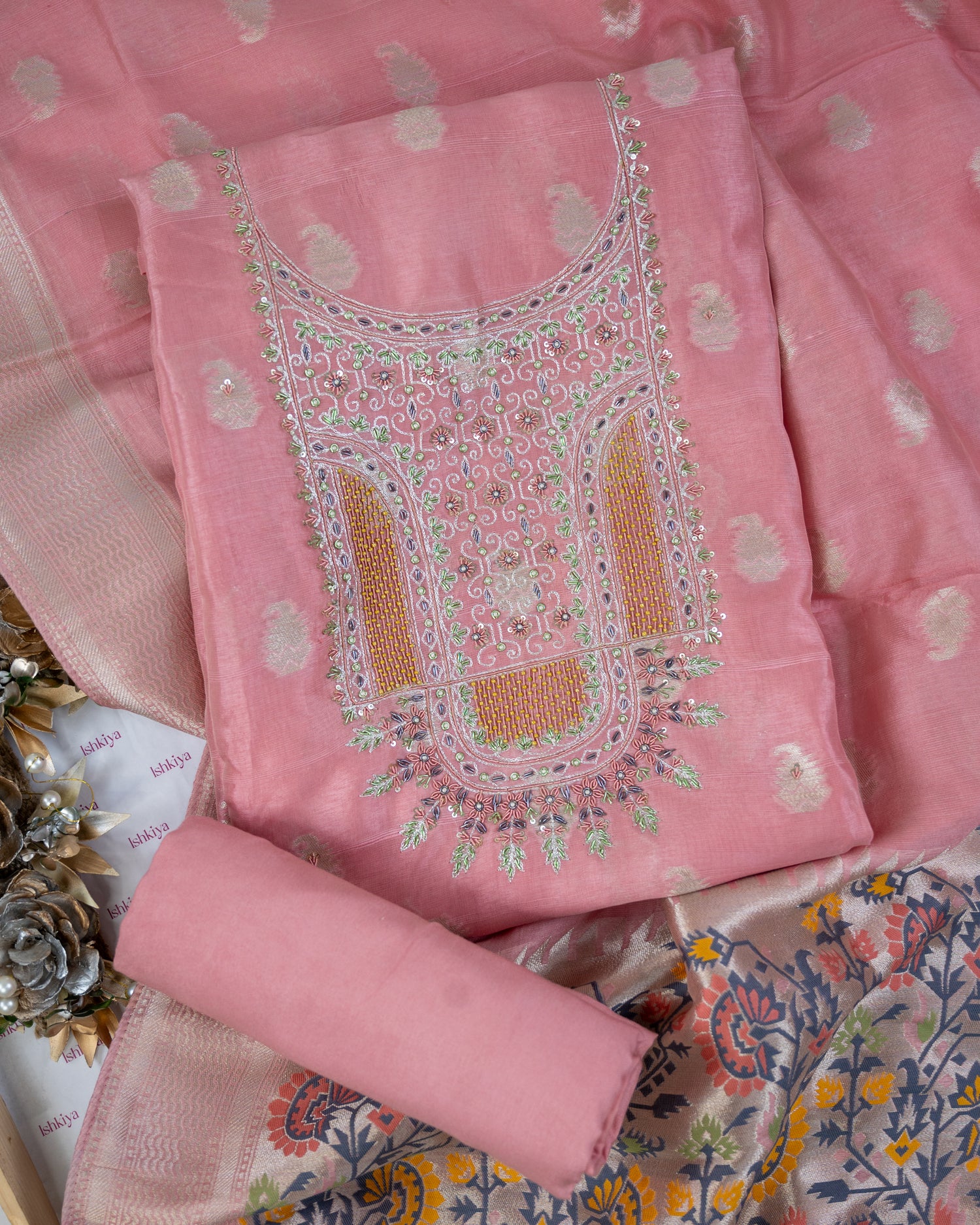 MADHUMALTI-Unstitched Linen Tissue Suit Set