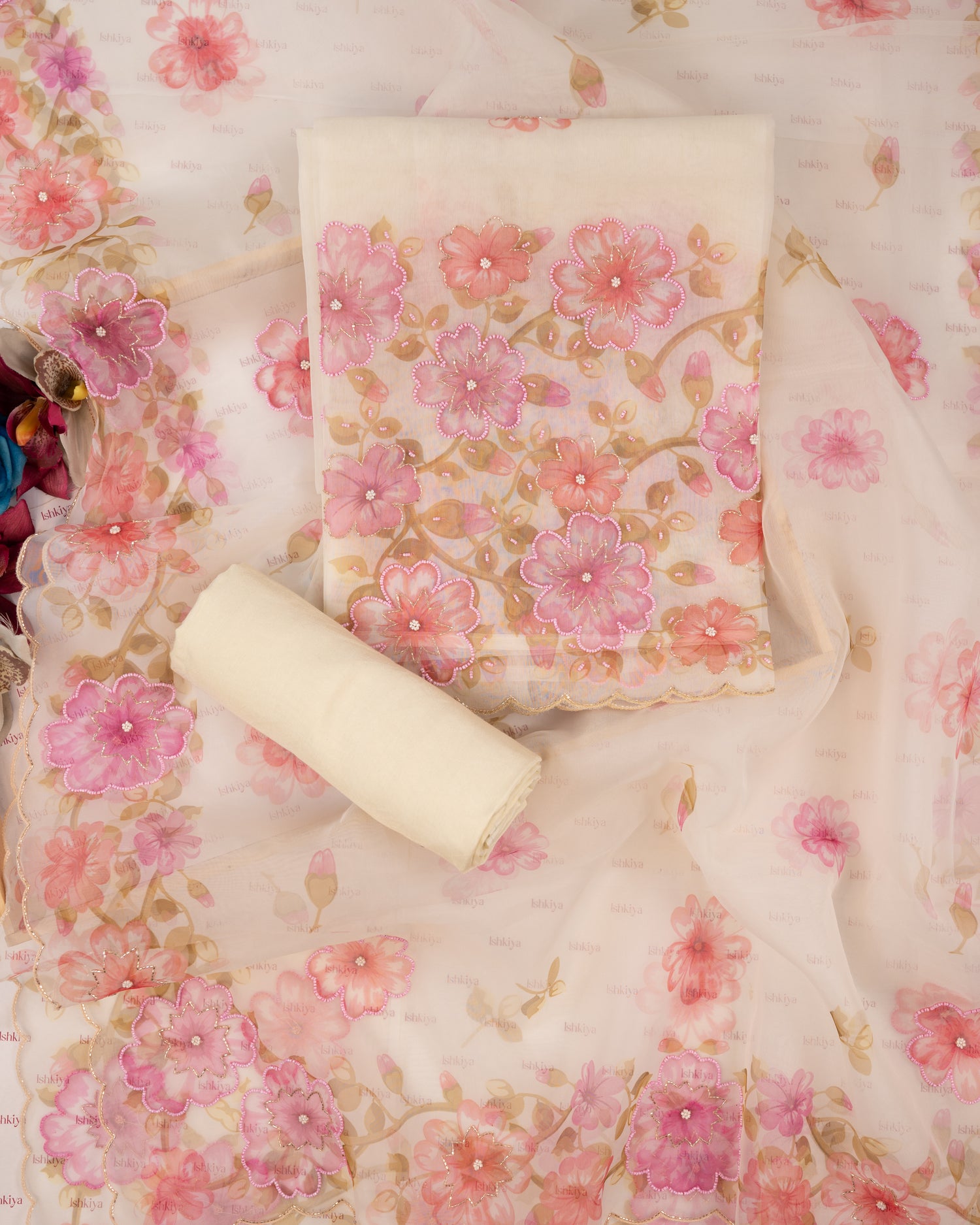 GULAAB-Unstitched Organza Tissue Suit Set