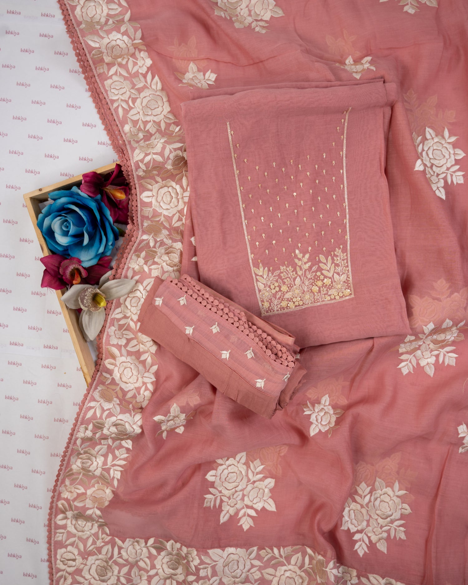 HARSINGAR-Unstitched Mul-Chanderi Suit Set