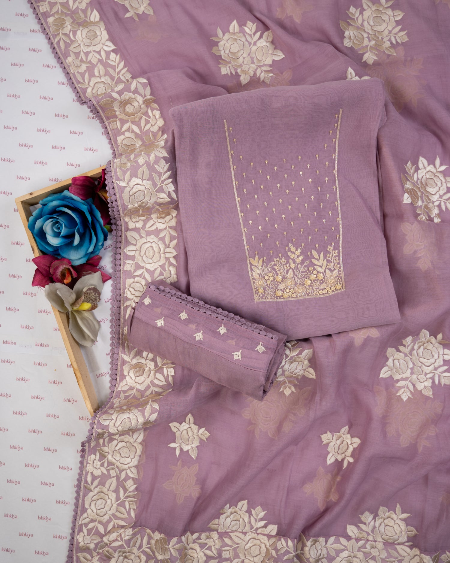 HARSINGAR-Unstitched Mul-Chanderi Suit Set