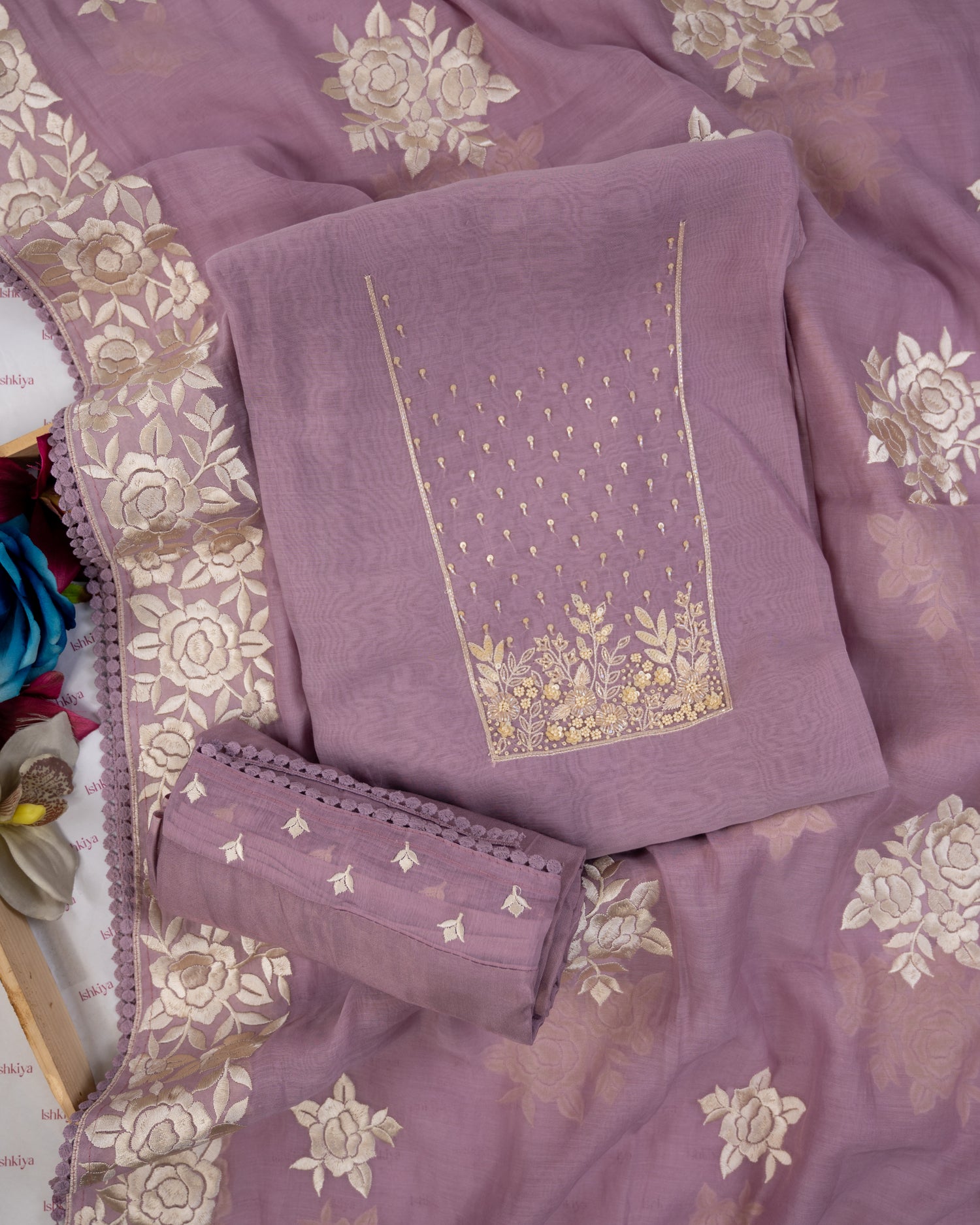HARSINGAR-Unstitched Mul-Chanderi Suit Set