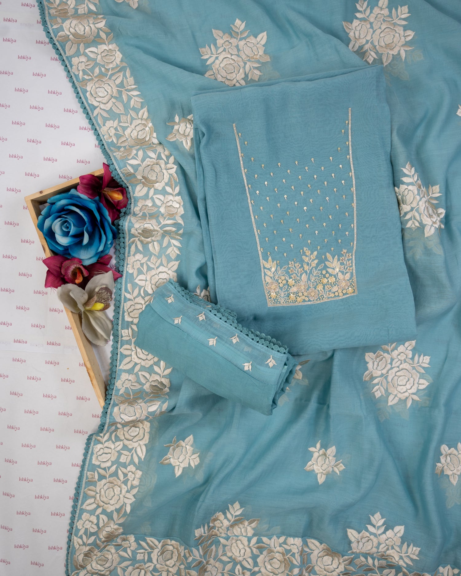 HARSINGAR-Unstitched Mul-Chanderi Suit Set