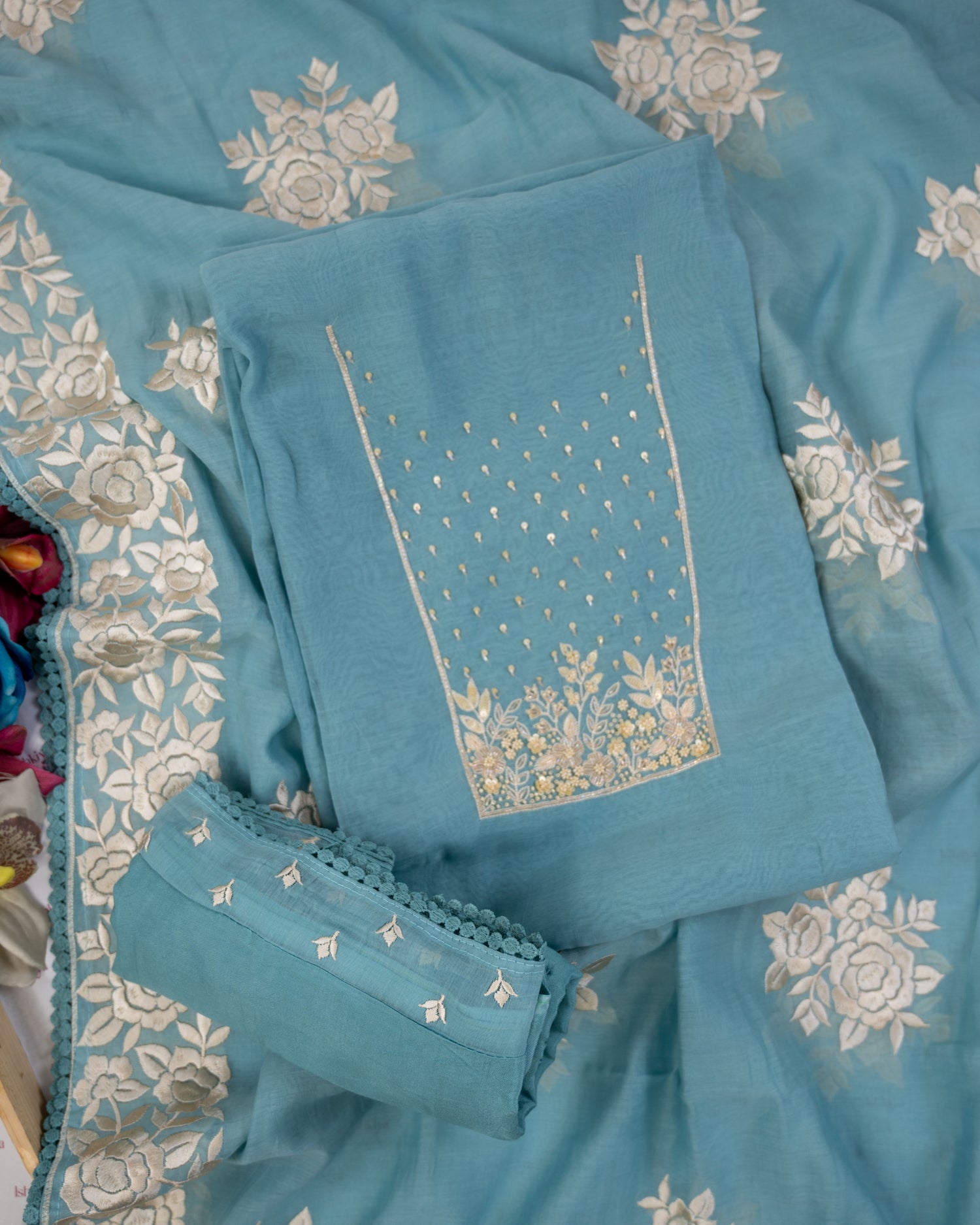HARSINGAR-Unstitched Mul-Chanderi Suit Set