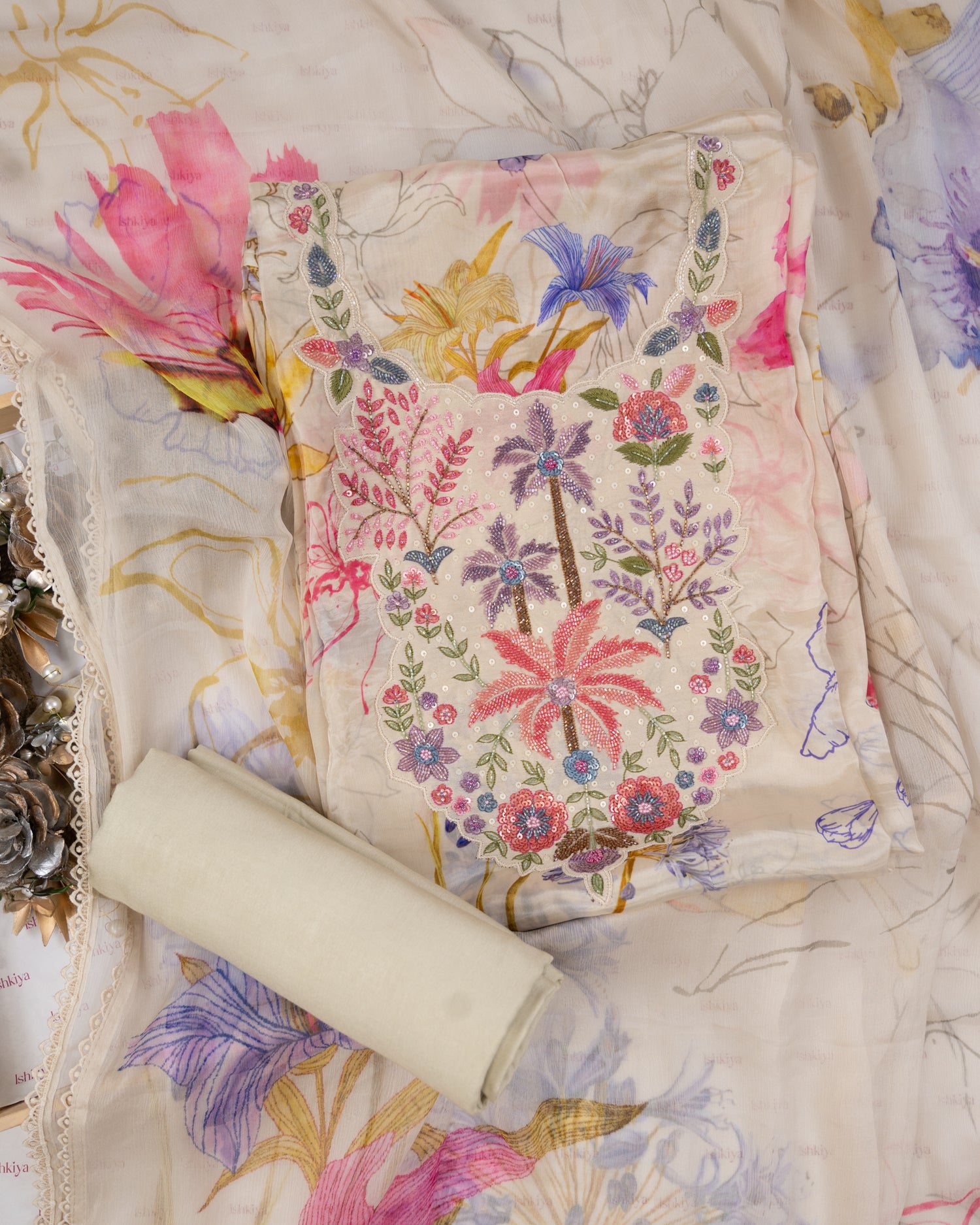 SARSABZ-Unstitched Chinon Silk Suit Set