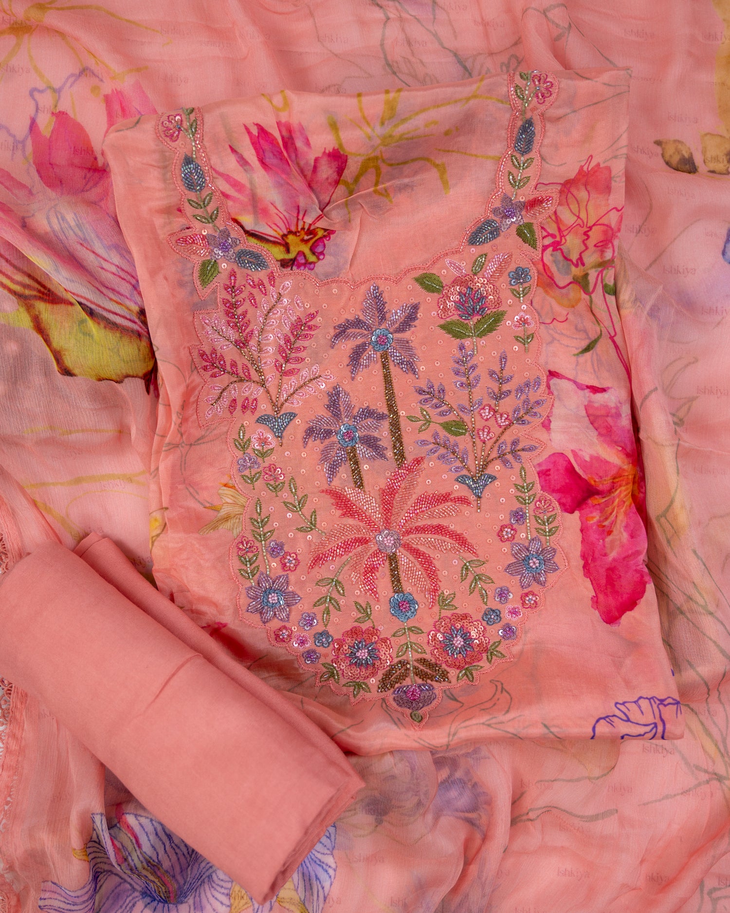 SARSABZ-Unstitched Chinon Silk Suit Set