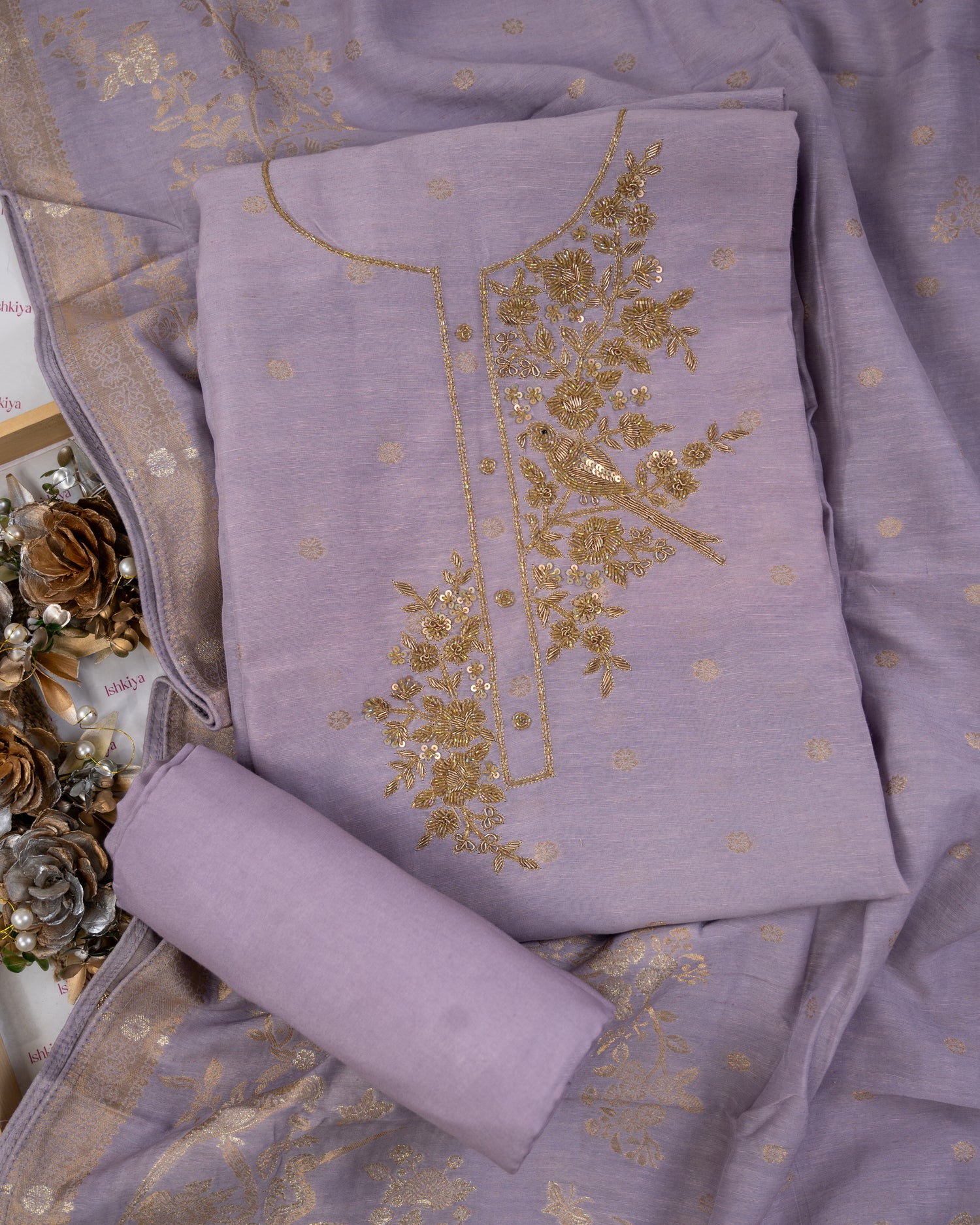 AAB-Unstitched Mul-Chanderi Suit Set