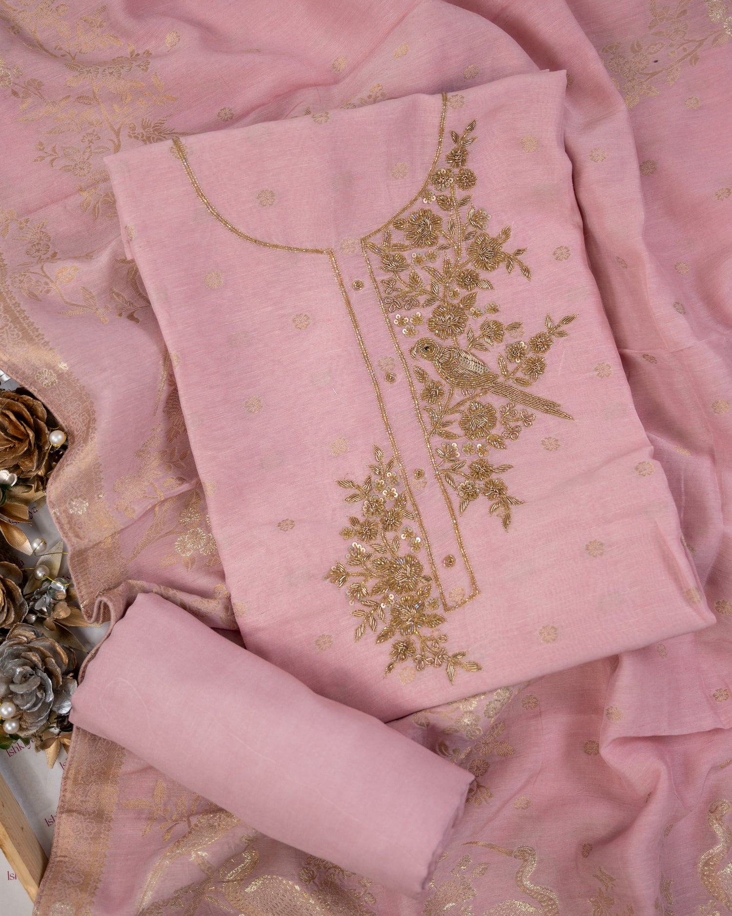 AAB-Unstitched Mul-Chanderi Suit Set