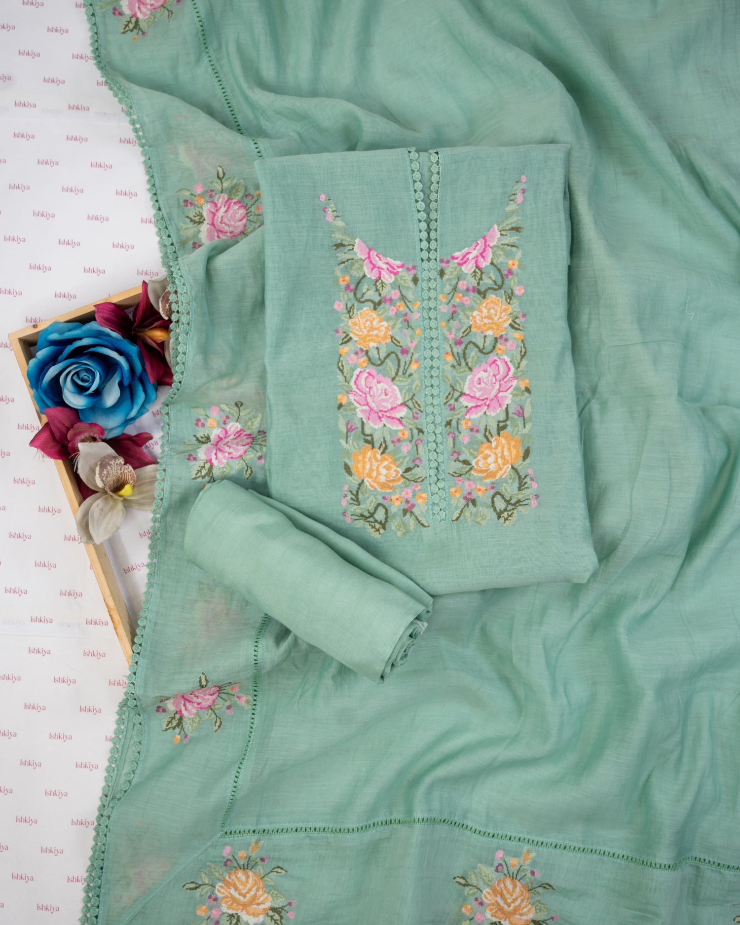 KIRAN-Unstitched Mul-Chanderi Suit Set