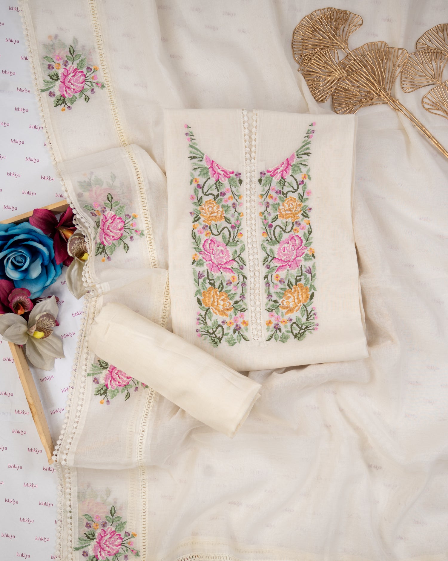 KIRAN-Unstitched Mul-Chanderi Suit Set