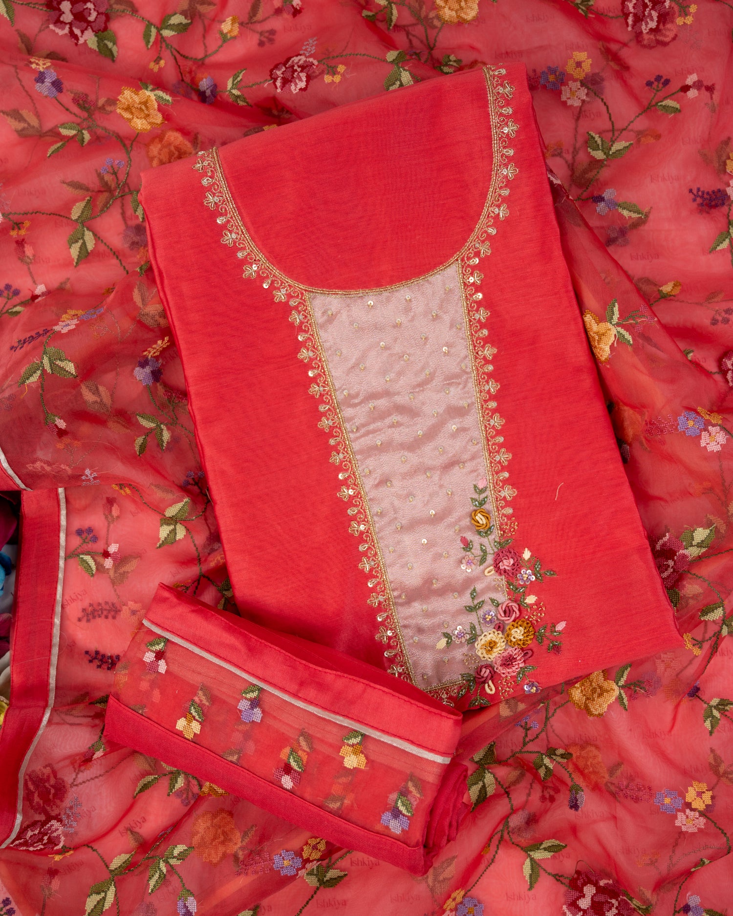 DHARA-Unstitched Mul-Chanderi Suit Set