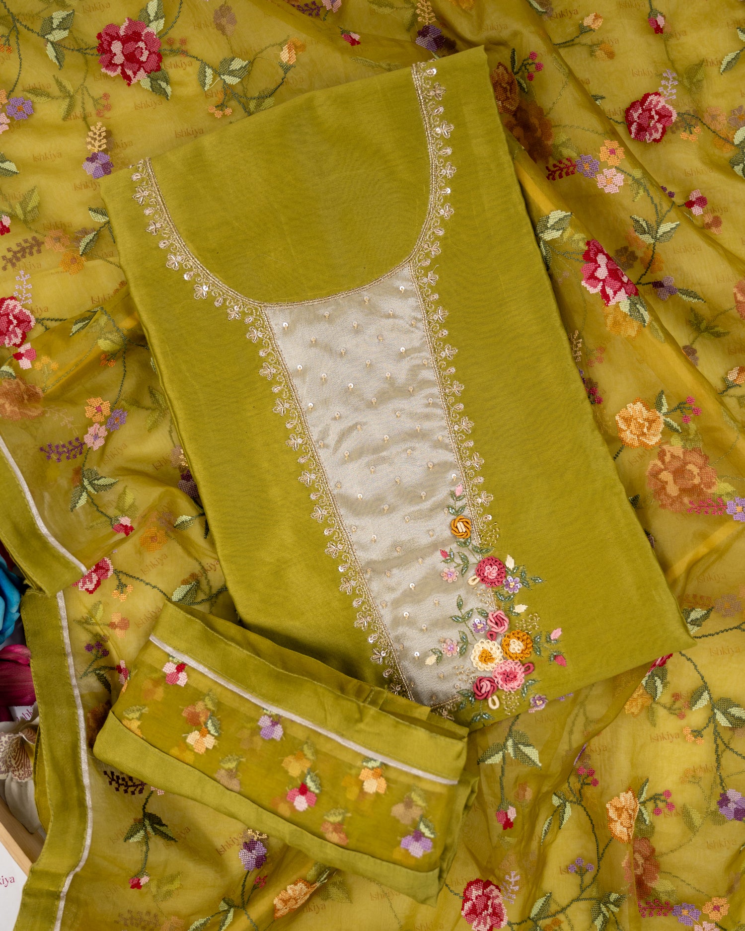 DHARA-Unstitched Mul-Chanderi Suit Set