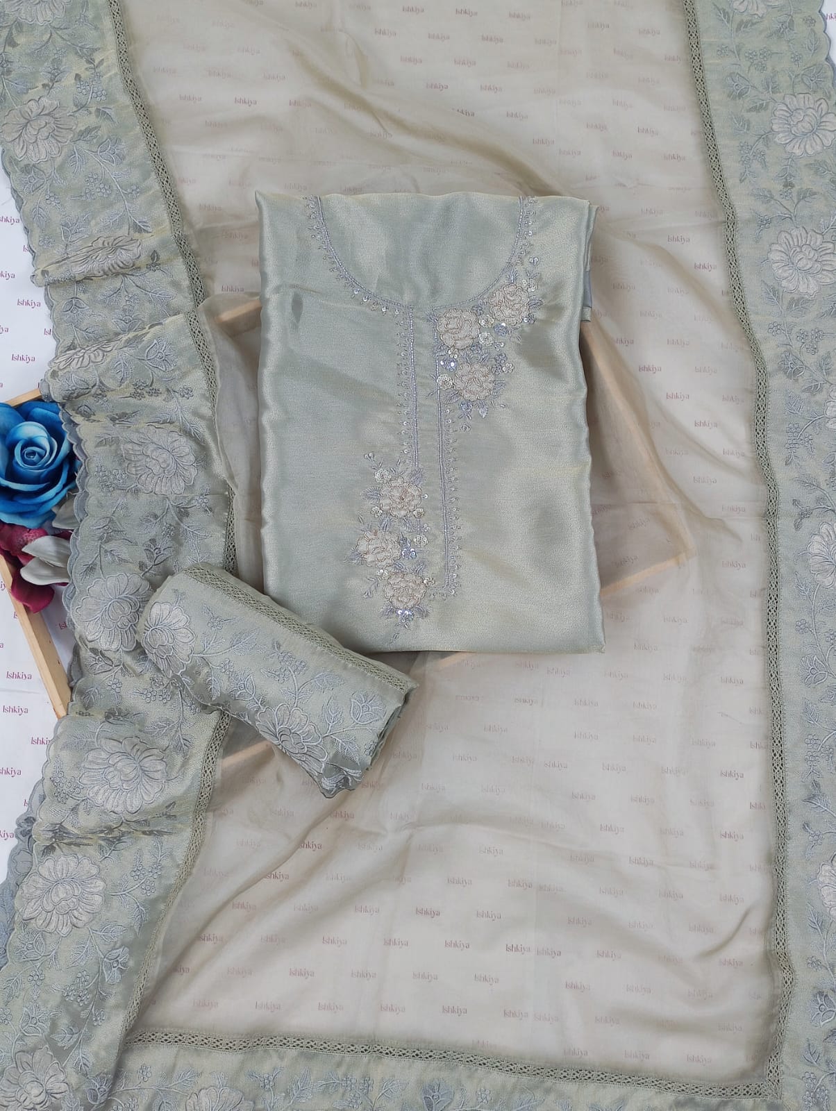 KISSA-Unstitched Linen Tissue Suit Set